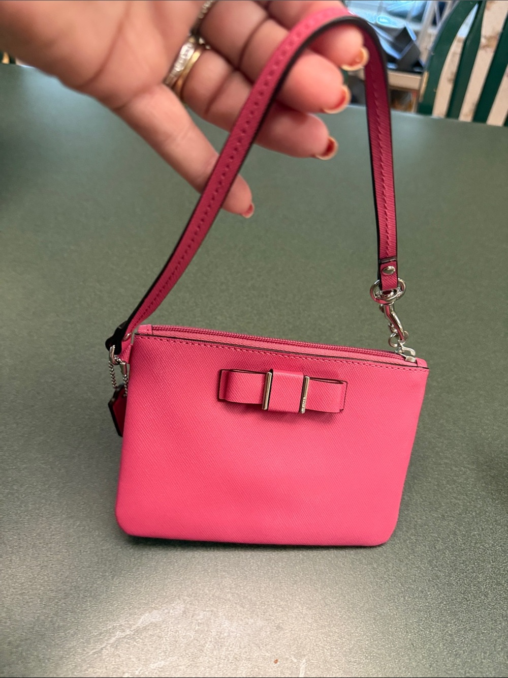 Coach Pink Saffiano Leather Wristlet with Bow Accent - Picture 3 of 7